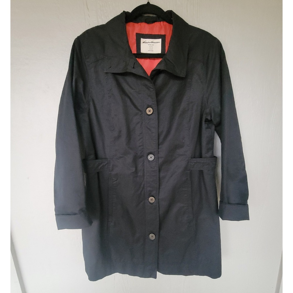 Women's Trench Coat Eddie Bauer‎ Black Size Large Jacket Windbreaker-Read